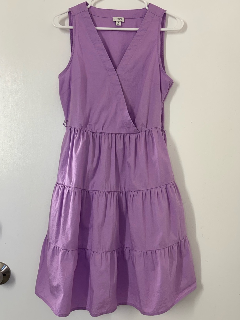 J Crew Sleeveless Tiered Faux Wrap Knee-Length Dress Lavender Purple Women 8